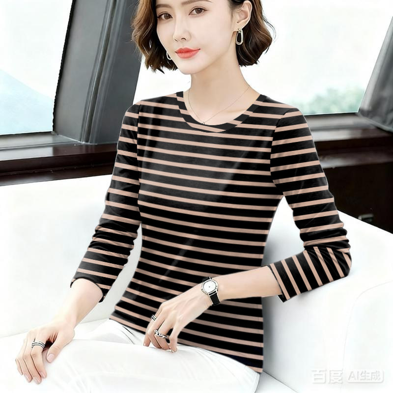 上新~女装新款圆领薄款条纹长袖宽松显瘦遮肚T恤女打底衫上衣潮