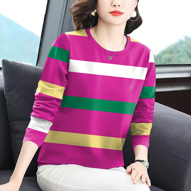 上新~春秋女装薄款条纹长袖圆领t恤女宽松打底衫百搭显瘦遮肚上衣