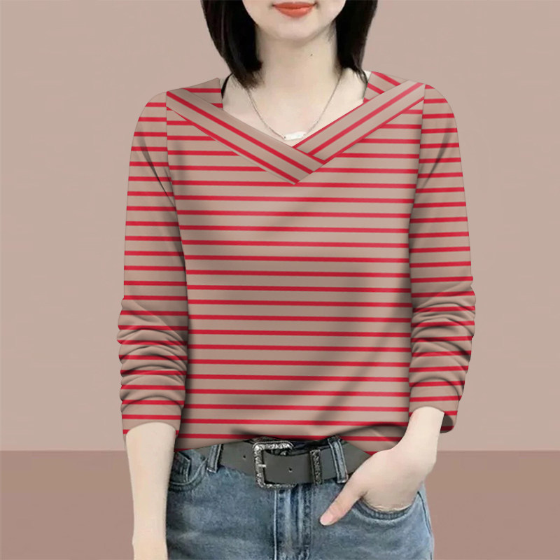 上新~复古条纹长袖t恤女新款宽松显瘦体恤打底休闲正肩v领上衣女