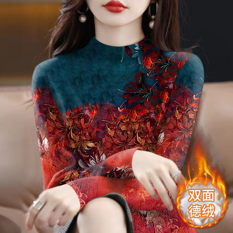 秋上新~德绒半高领妈妈装打底衫女长袖修身时尚印花百搭保暖上衣