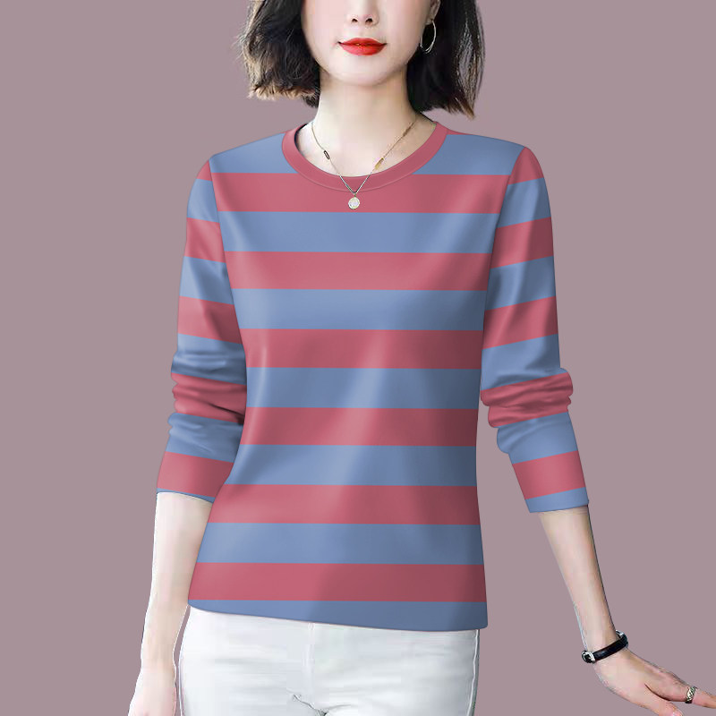 上新~2026女装新款春秋圆领打底条纹长袖宽松显瘦遮肚T恤女上衣潮