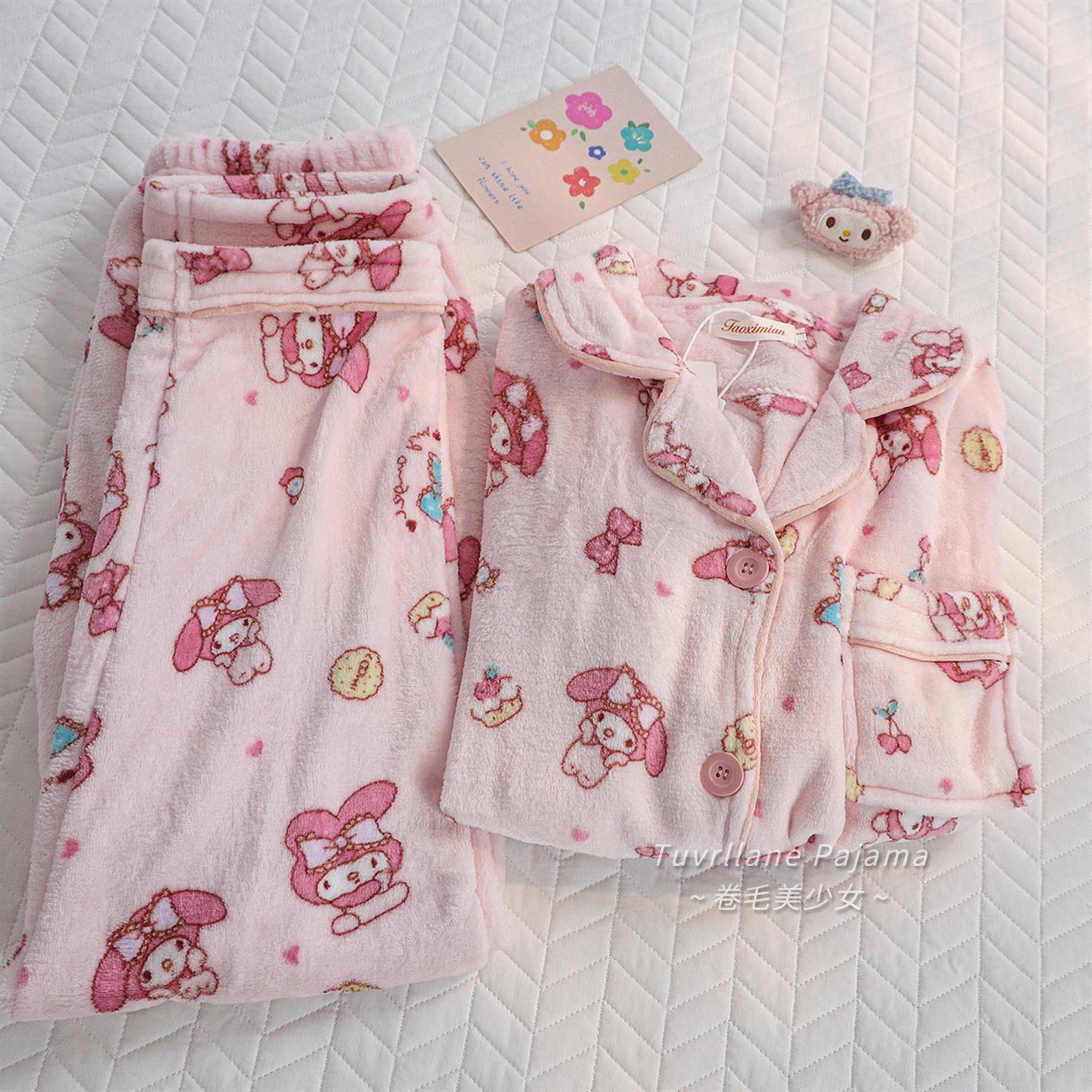 可爱美乐蒂卡通法兰珊瑚绒长袖睡衣女2025新款加绒加厚粉色家居服