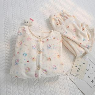 奶乎乎Kitty猫法兰珊瑚绒睡衣女2025冬季新款可爱卡通加厚家居服