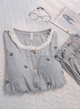 甜欲灰色小蝴蝶满印莫代尔短袖睡衣女夏季带胸垫套装休闲风家居服