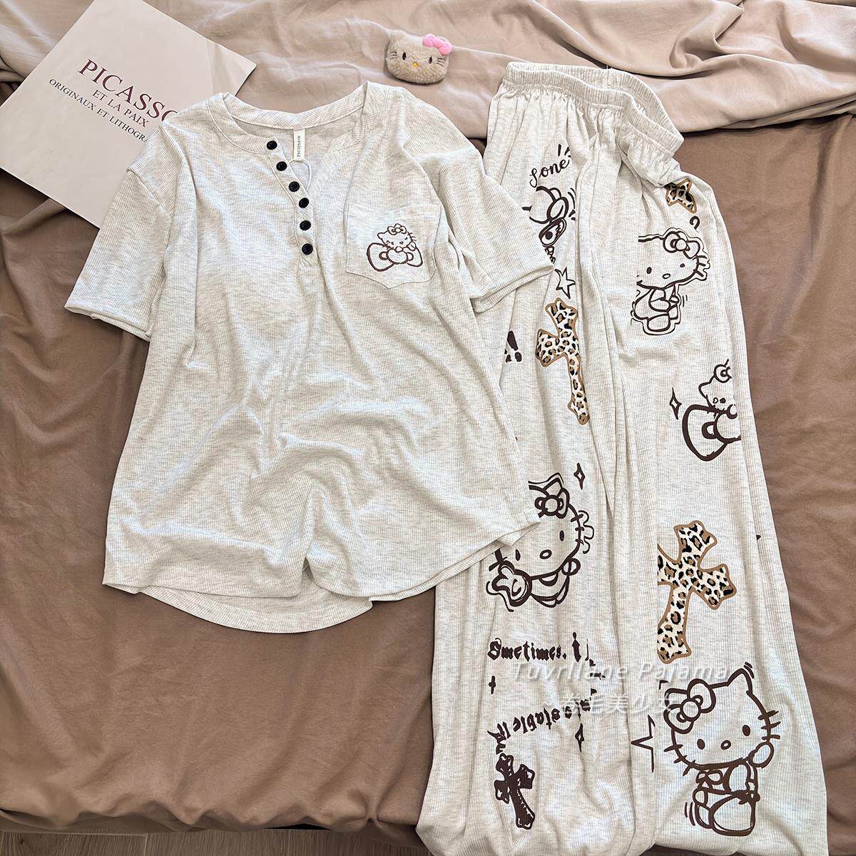 软乎乎莫代尔带胸垫睡衣女夏季短袖长裤新款卡通KT猫慵懒风家居服