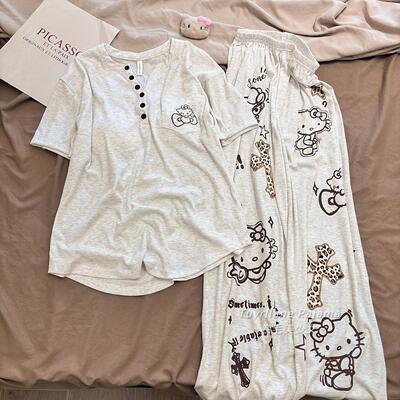 软乎乎莫代尔带胸垫睡衣女夏季短袖长裤新款卡通猫咪慵懒风家居服