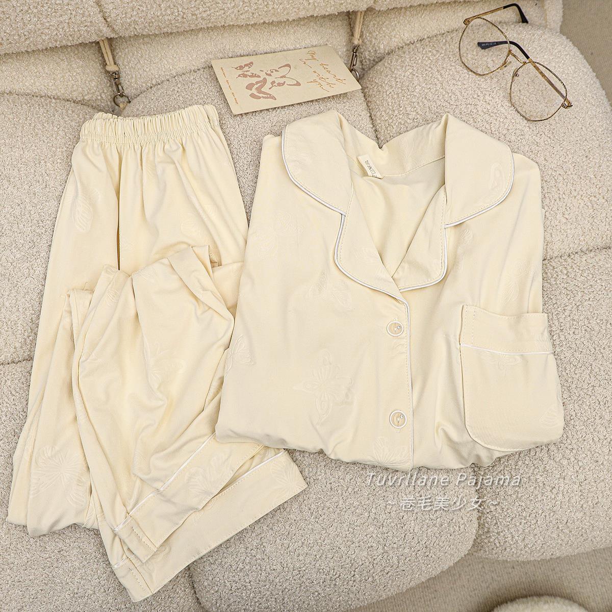 杏色蝴蝶春秋季天丝棉长袖睡衣女