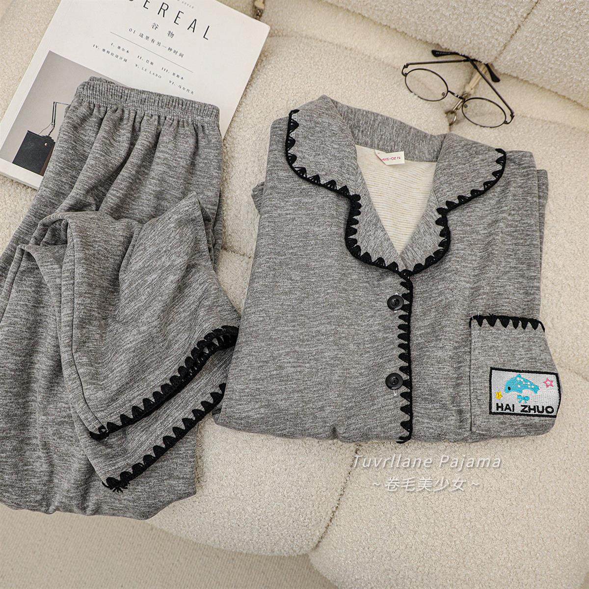 韩系深色灰卡通刺绣长袖羊绒棉睡衣女开衫春秋冬季加厚家居服套装,女士内衣/男士内衣/家居服,睡衣/家居服套装,淘宝优惠券,粉丝福利购,淘宝优惠卷