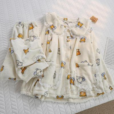 奶fufu轻松熊卡通法兰珊瑚绒睡衣女2025秋冬新款娃娃领加厚家居服