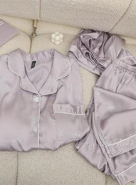 夏季慵懒风紫色卡通玉桂狗烫银睡衣女冰丝短袖带胸垫三件套家居服