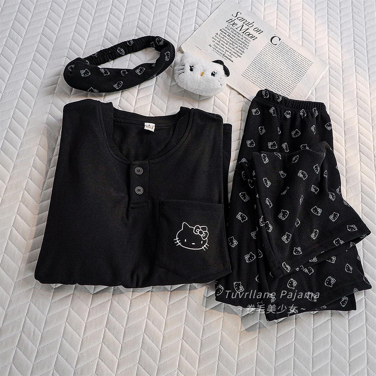 黑色卡通KT猫双面德绒带胸垫睡衣女士秋冬季新款保暖可外穿家居服