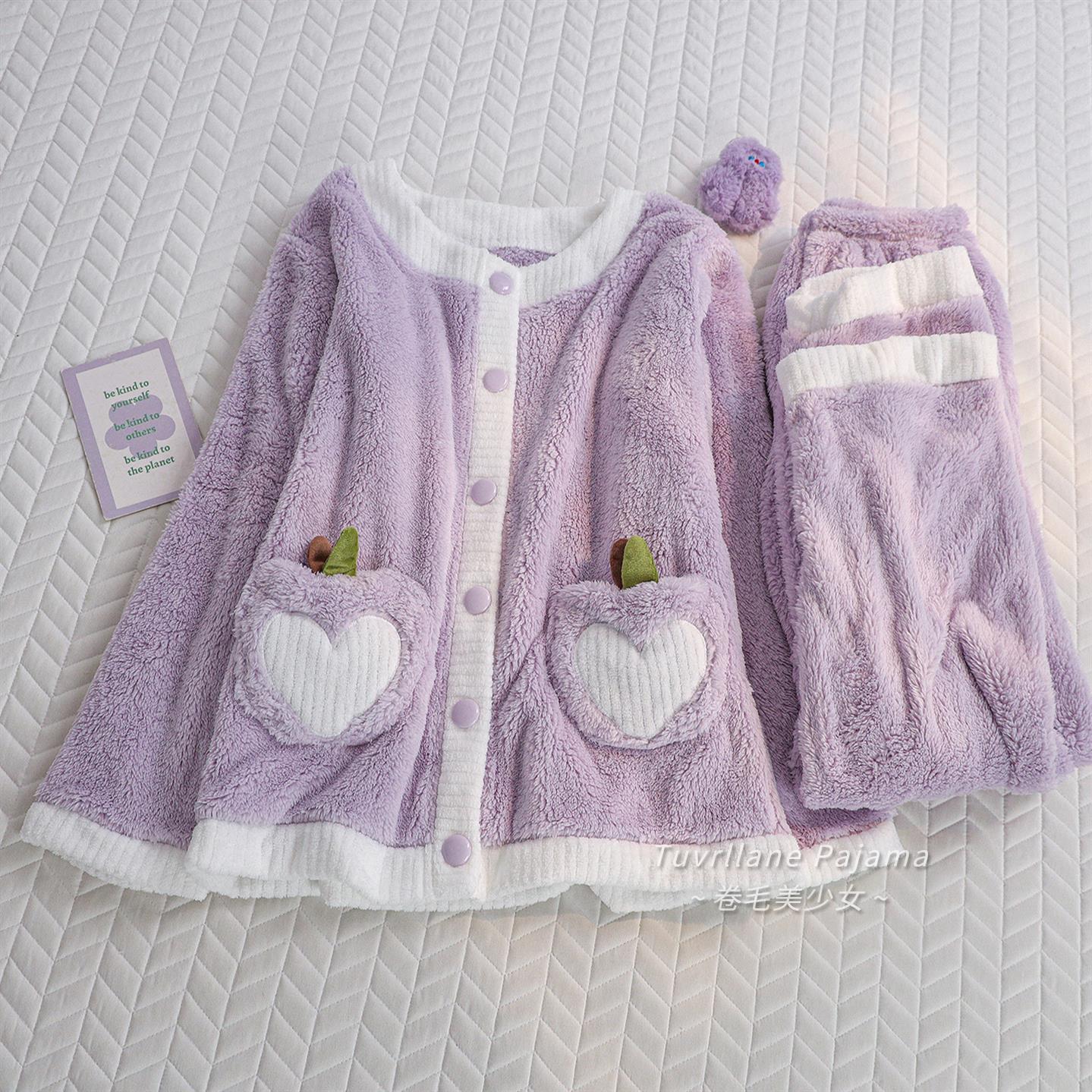 软fufu奶芋紫珊瑚绒睡衣女2025秋冬季新款加绒加厚甜美套装家居服