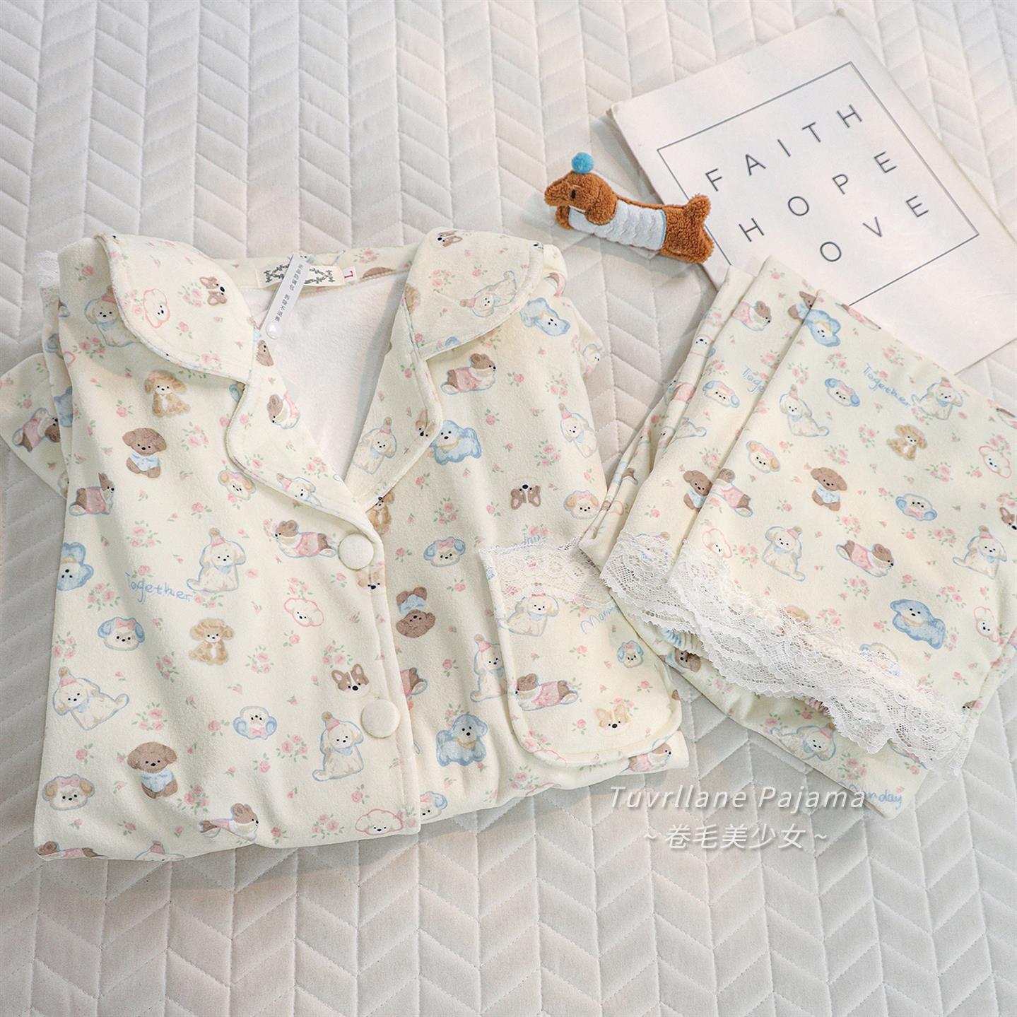 奶油小狗海岛绒睡衣女2025秋冬季新款长袖加厚可爱卡通家居服套装