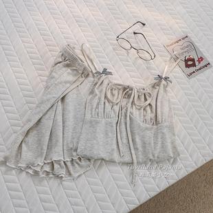 甜美风夏季 家居服 新款 简约净色莫代尔吊带睡衣女蝴蝶结带胸垫套装