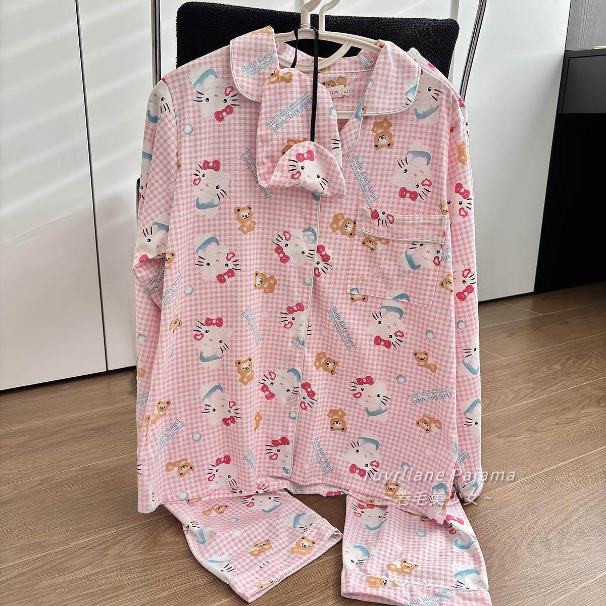 软妹粉格子HelloKitty纯棉睡衣女春秋季长袖新款甜美风卡通家居服,女士内衣/男士内衣/家居服,睡衣/家居服套装,淘宝优惠券,粉丝福利购,淘宝优惠卷