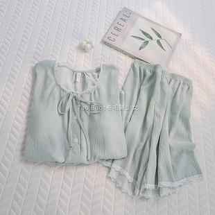 ins风小清新薄荷绿条纹短袖 家居服 睡衣少女夏季 云朵棉带胸垫套装