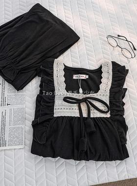 黑色素雅宫廷风春秋冬季款双面德绒长袖睡衣女薄绒保暖套装家居服