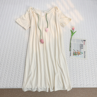 ins韩系系绳花朵夏季 睡裙女甜美设计感睡衣家居服 短袖 纯棉中长款
