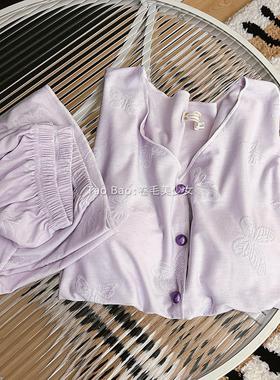 夏季提花纯棉紫色简约休闲风短袖睡衣女慵懒感带胸垫两件套家居服