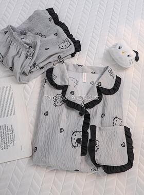 甜美少女感灰色kitty猫短袖睡衣女夏季云朵棉韩版新款套装家居服