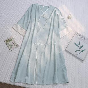 新中式 睡裙女士高级感家居服睡衣 天青色国风夏季 暗纹冰雪丝七分袖
