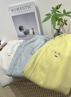2024春款童装女童米色嫩黄色灰色笑脸卫裤中大童纯棉休闲裤束脚裤