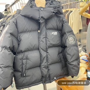 实体店童装男童女童黑色90白鸭绒连帽短款羽绒服中大童面包服