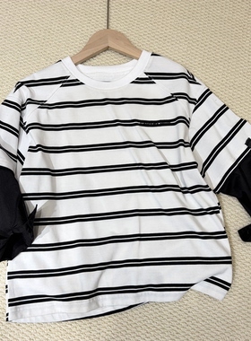 2026春装新款男童女童白色条纹假两件长袖T恤卫衣中大童休闲百搭