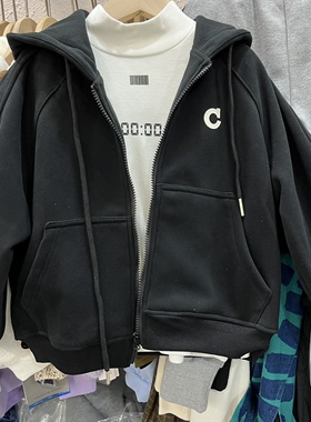 清仓不退换男童女童黑色加厚一体绒连帽卫衣外套大童休闲外套