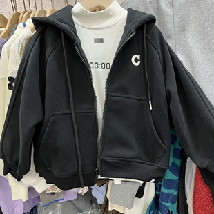 清仓不退换男童女童黑色加厚一体绒连帽卫衣外套大童休闲外套