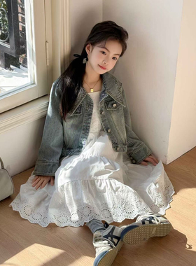 2025春季新款韩版翻领短款牛仔外套白色吊带连衣裙长裙套装大童