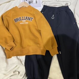 韩货冬装新款男童女童韩版加绒卫衣南瓜色显白潮版圆领卫衣豪仔