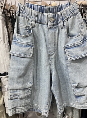 夏款童装男童浅蓝色牛仔五分裤中大童牛仔工装裤帅气牛仔裤