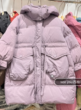 冬装女童紫色连帽中长款收腰羽绒服中大童设计款保暖外套