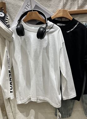 实体店韩版童装男童女童黑白色纯棉长袖T恤中大童百搭打底衫