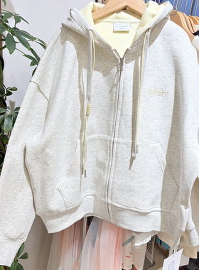 2026春装新款女童米灰色拼黄色连帽卫衣开衫大童休闲百搭上衣外套