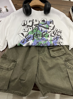 2024夏款韩版童装男童女童白色涂鸦字母潮版短袖T恤大童可亲子