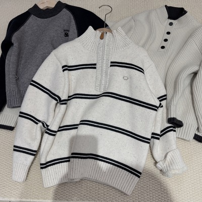 实体店冬装新款男童女童韩版条纹加绒加厚半高领拉链毛衣洋气打底