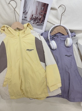 2024春夏童装女童紫色黄色拼接夹克外套中大童韩货连帽风衣外套
