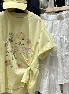 2025夏季新款女童韩版休闲黄色百搭短袖T恤中大童蝴蝶结短袖T恤