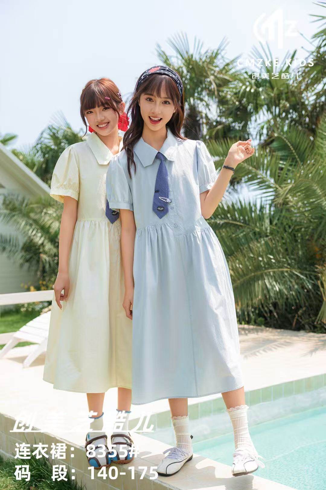 2026夏装新款女童韩版学院风连衣裙大童翻领Polo短袖领带连衣裙