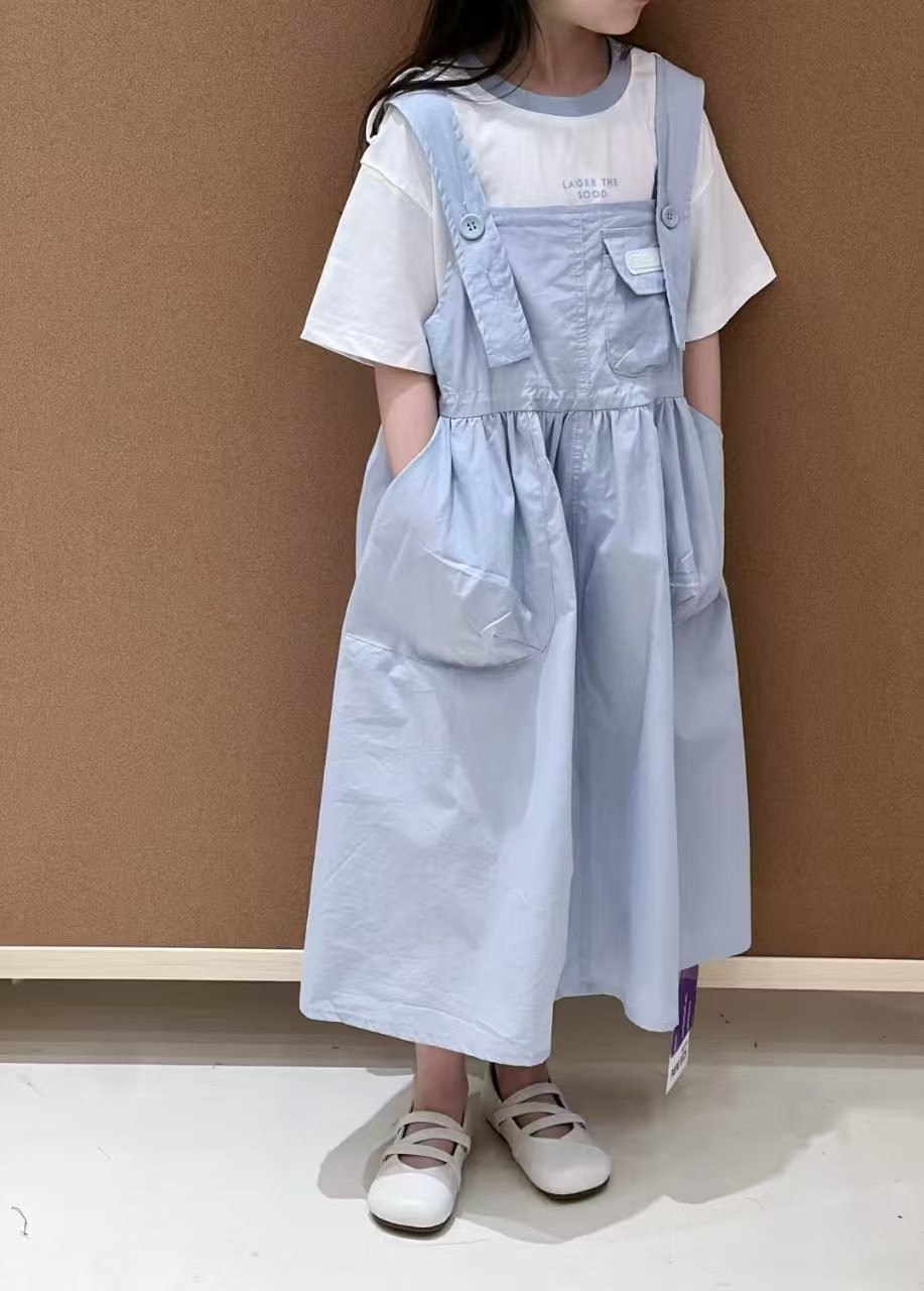 2025夏季新款女童韩版休闲百搭蓝色背带裙中大童蓝色短袖T恤套装