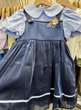 清仓不退换蓝色柔软网纱拼接衬衫泡泡短袖假两件连衣裙学院风裙子