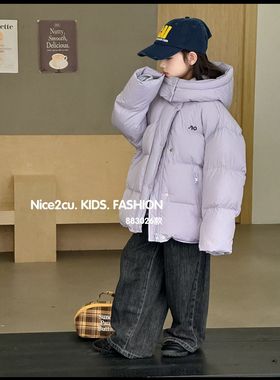 实体冬装新款女童紫色连帽加厚保暖羽绒服中大童韩版面包服外套