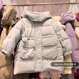 小童冬装女童蓝绿色连帽羽绒服中长款绑带收腰保暖羽绒服