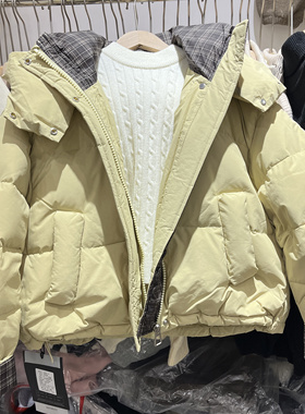 青少年女童大童黄色拼接格子连帽羽绒服宽松韩版面包服外套