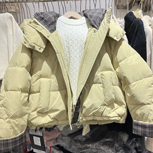 青少年女童大童黄色拼接格子连帽羽绒服宽松韩版面包服外套