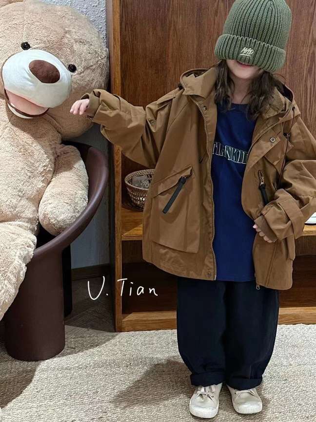 实体店冬款童男童女童咖啡色加棉夹棉中长款连帽风衣外套棉袄大童