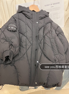 冬装男童女童黑色90白鸭绒中长款连帽羽绒服韩版面包服中大童