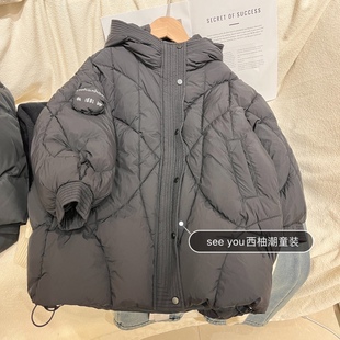 冬装男童女童黑色90白鸭绒中长款连帽羽绒服韩版面包服中大童